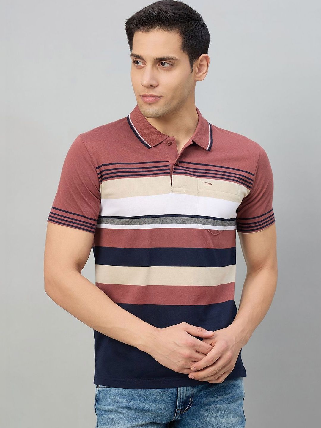 Duke Men Striped Polo Collar Pockets T-shirt