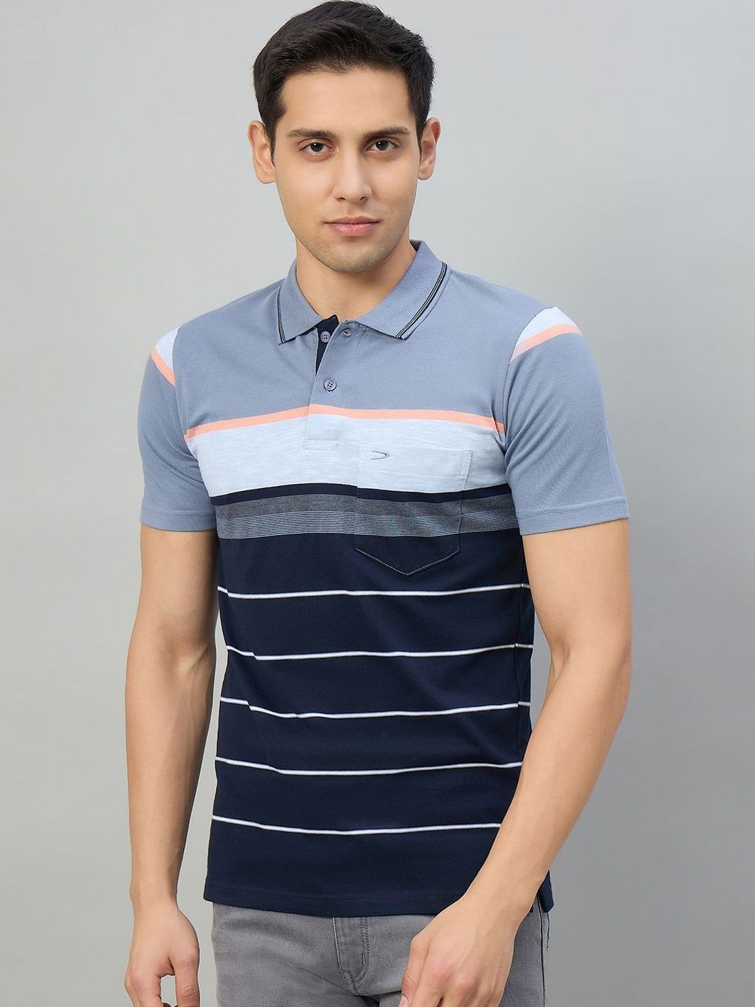 Duke Men Striped Polo Collar Pockets T-shirt