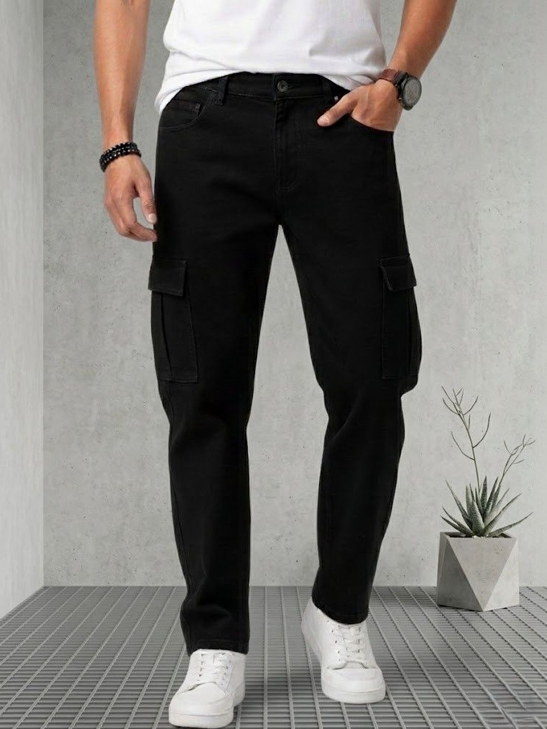 WOOMNY Men Mom Fit Mid-Rise Denim Cargo Styles Jeans