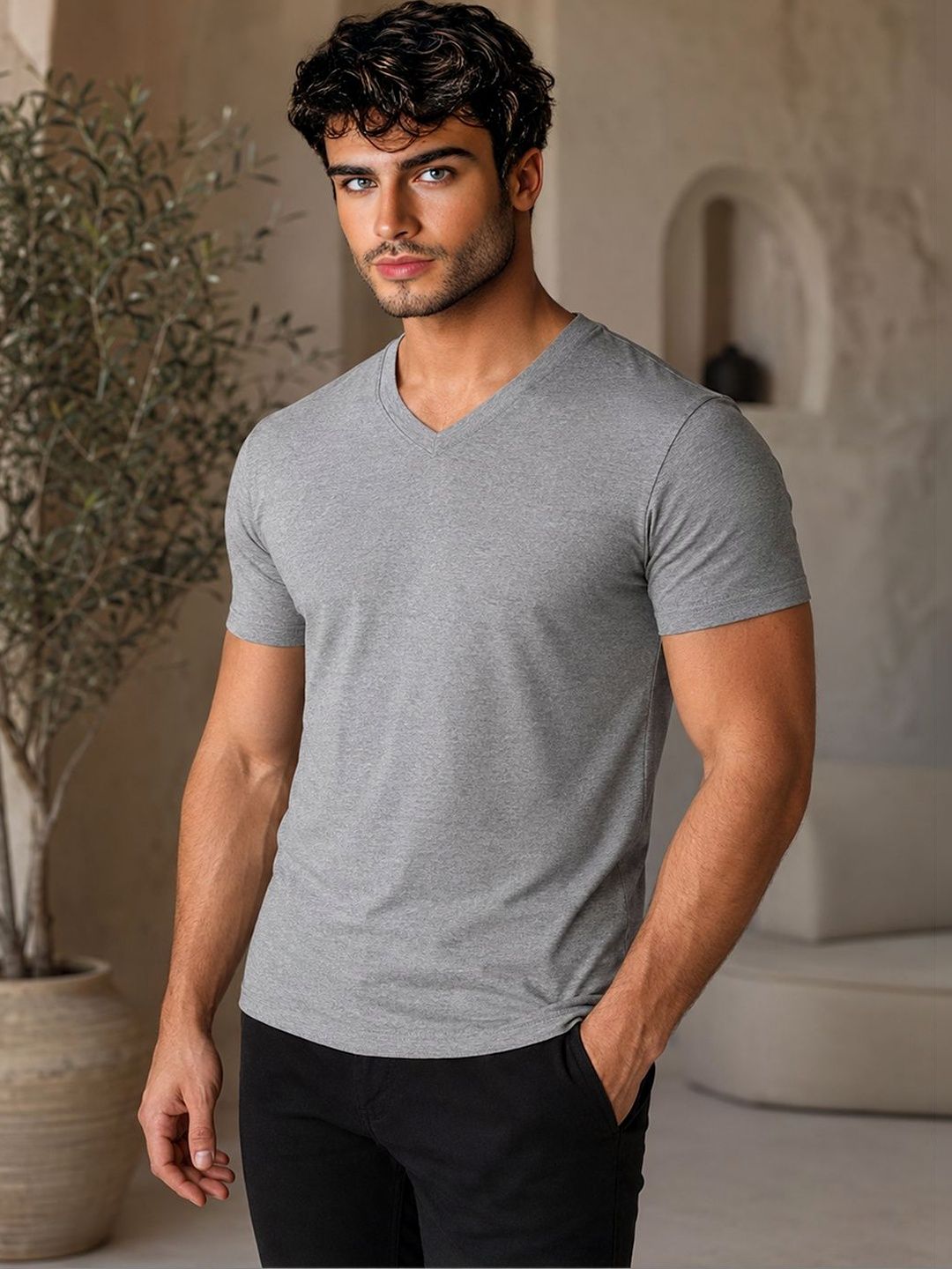 FBAR Men Solid Cotton V Neck T Shirt