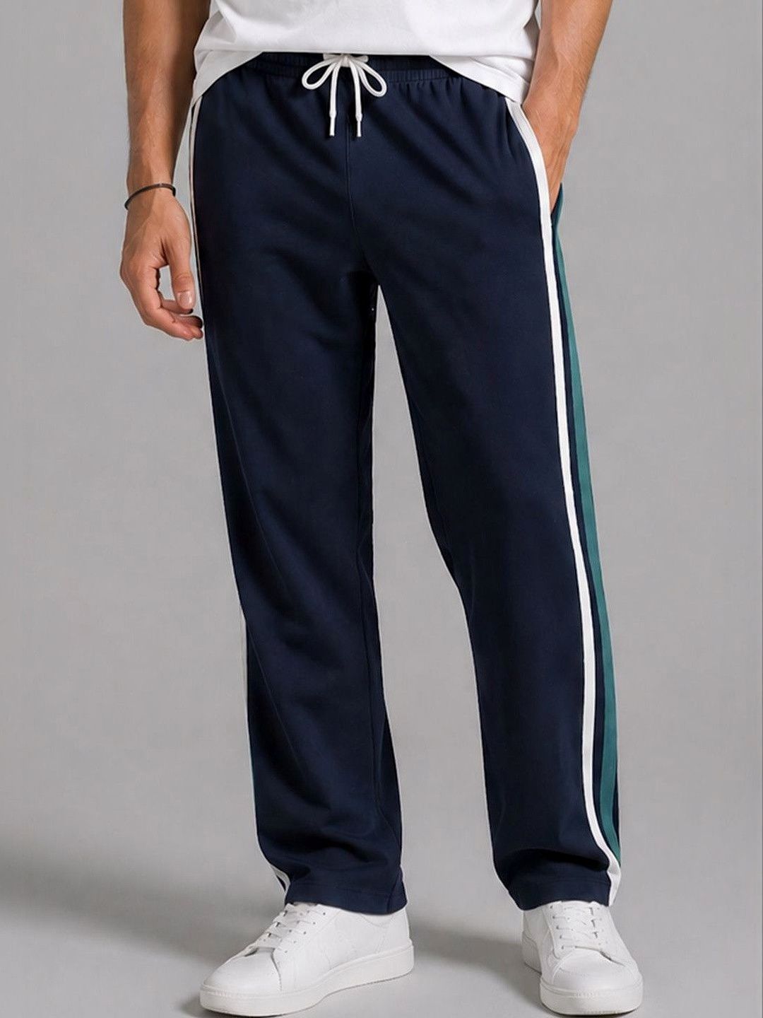 RETWE Men Mid Rise Pure Cotton Dual Side Pockets Regular Fit Navy Running Sports Track Pants