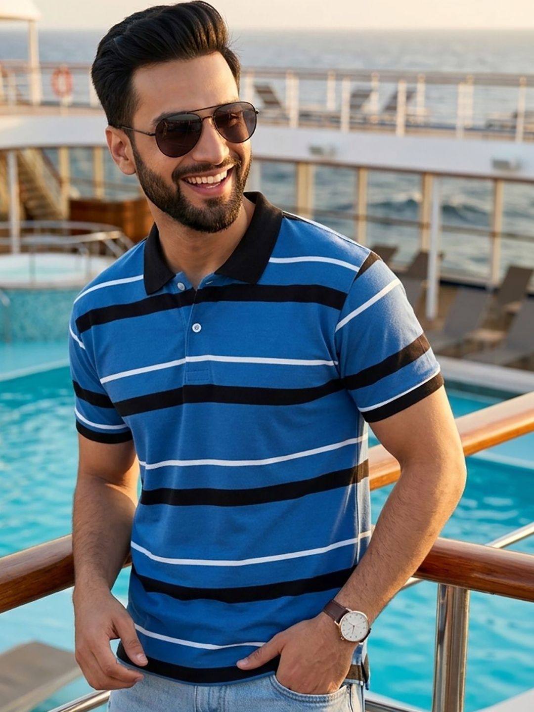 Moda Rapido Men Striped Polo Collar T-shirt