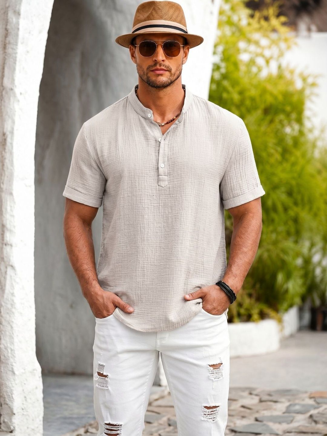 Zombom Men Mandarin Collar Tshirts
