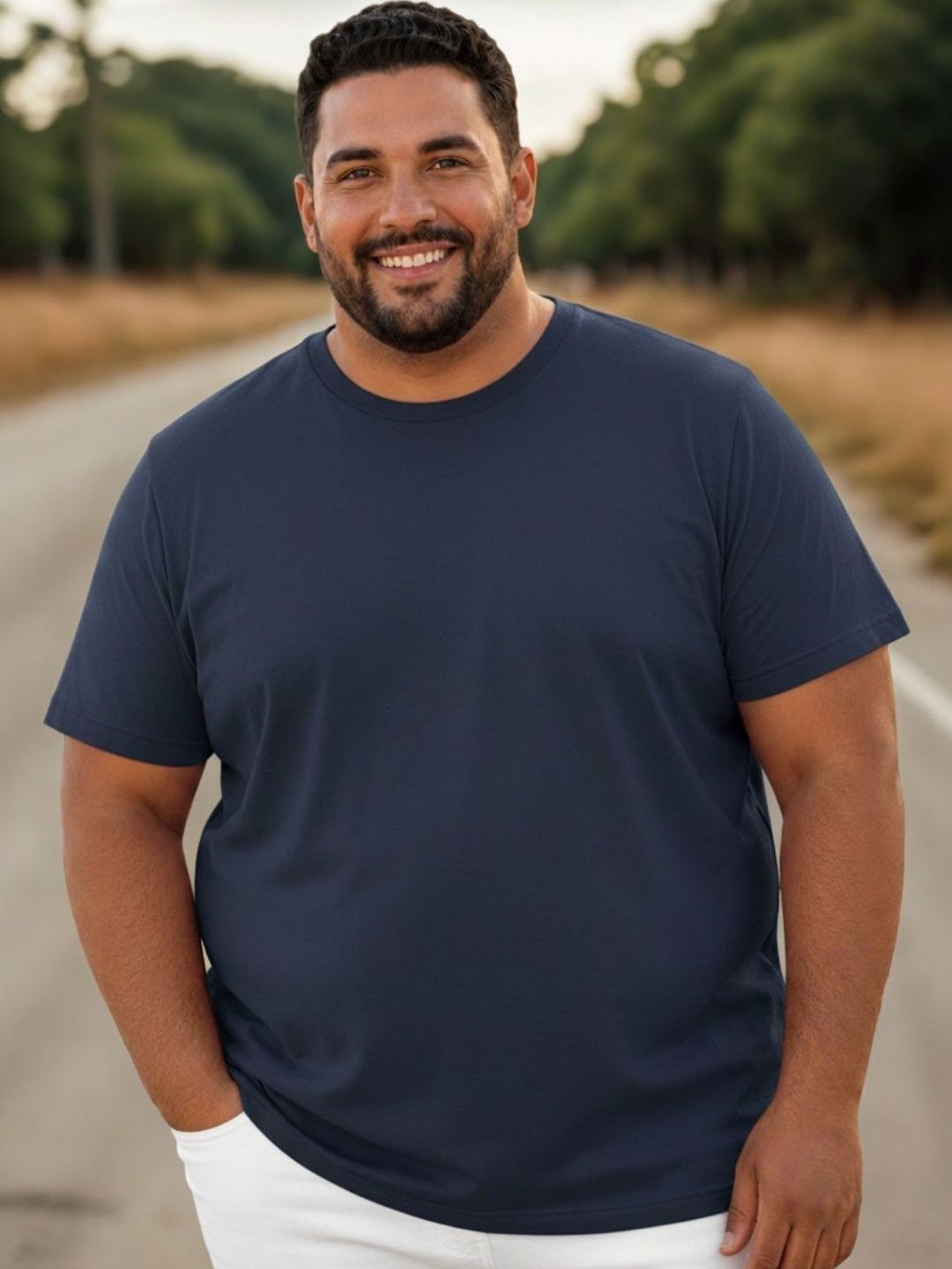 HERE&NOW Rigo Plus Size Men Navy Blue Solid Round Neck Regular Fit Cotton T-shirt