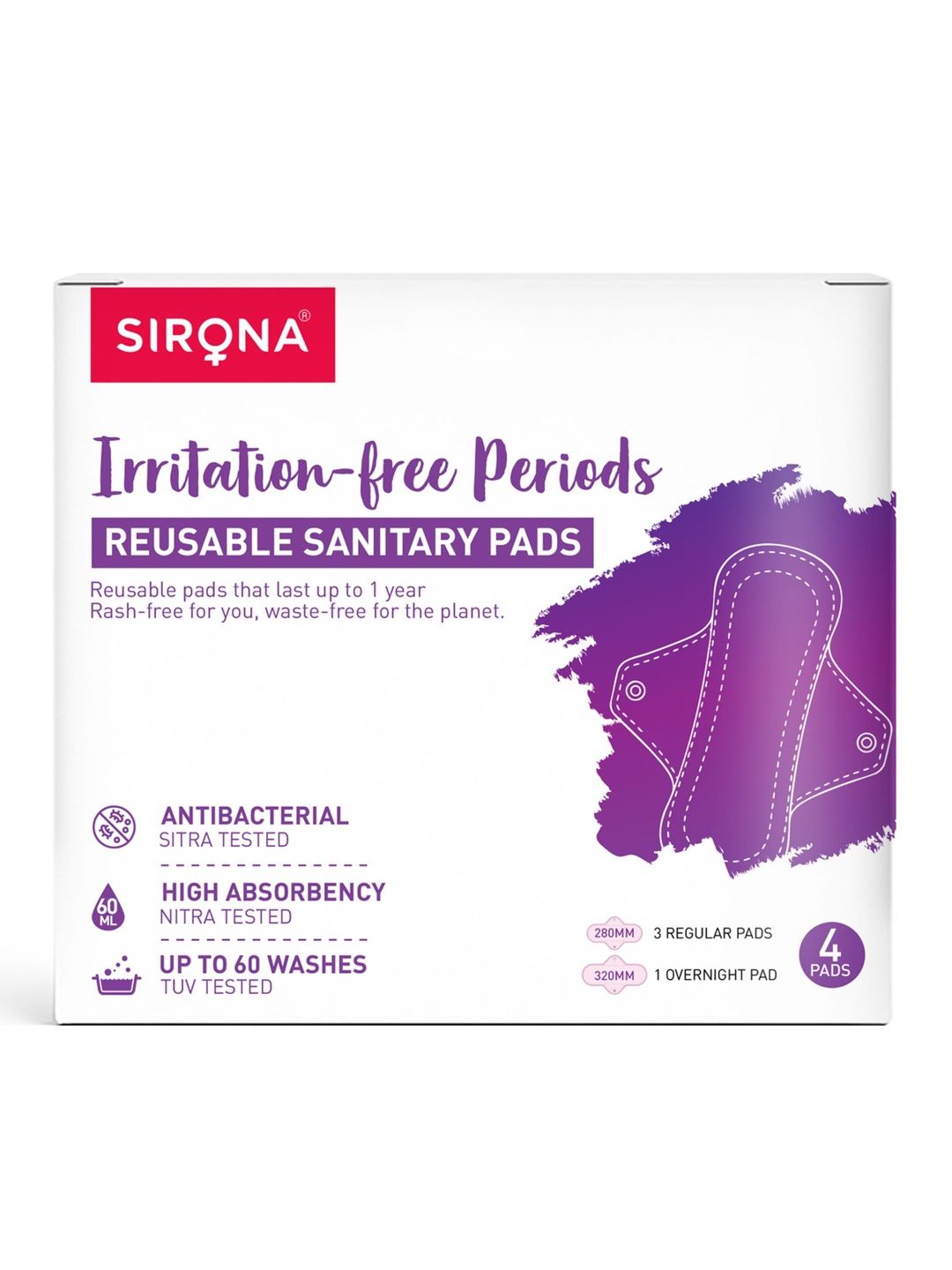Sirona Sirona Set of 4 Reusable Sanitary Pads - 3 Regular Pads + 1 Overnight Pad