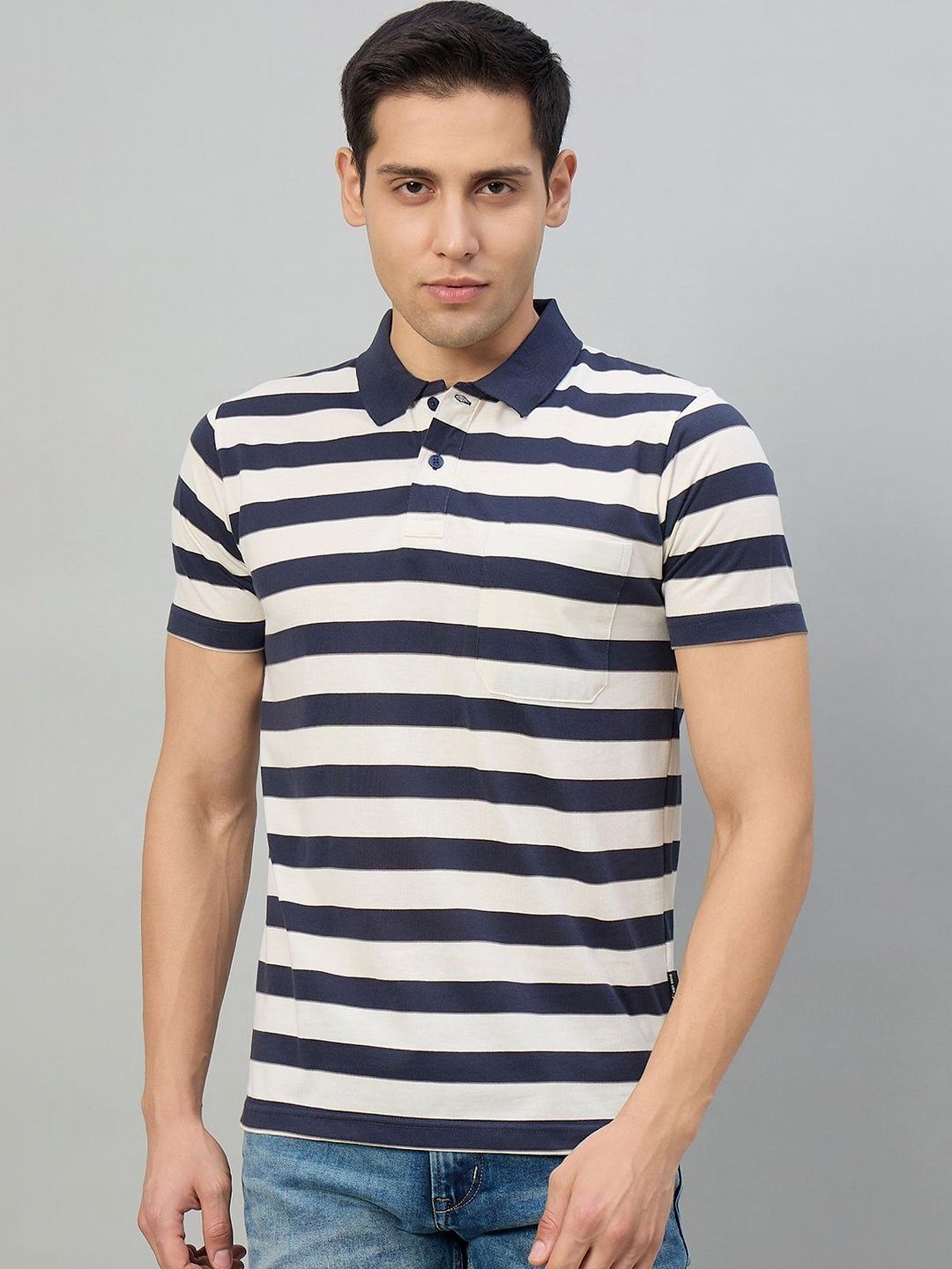Duke Men Striped Polo Collar Pockets T-shirt