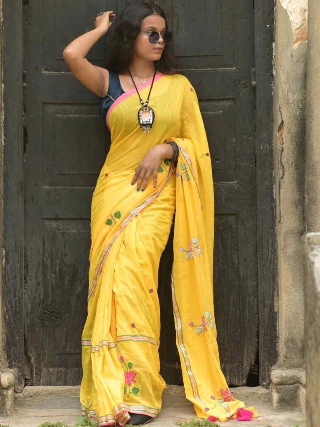 Sangria Floral Embroidered Cotton Khadi Saree
