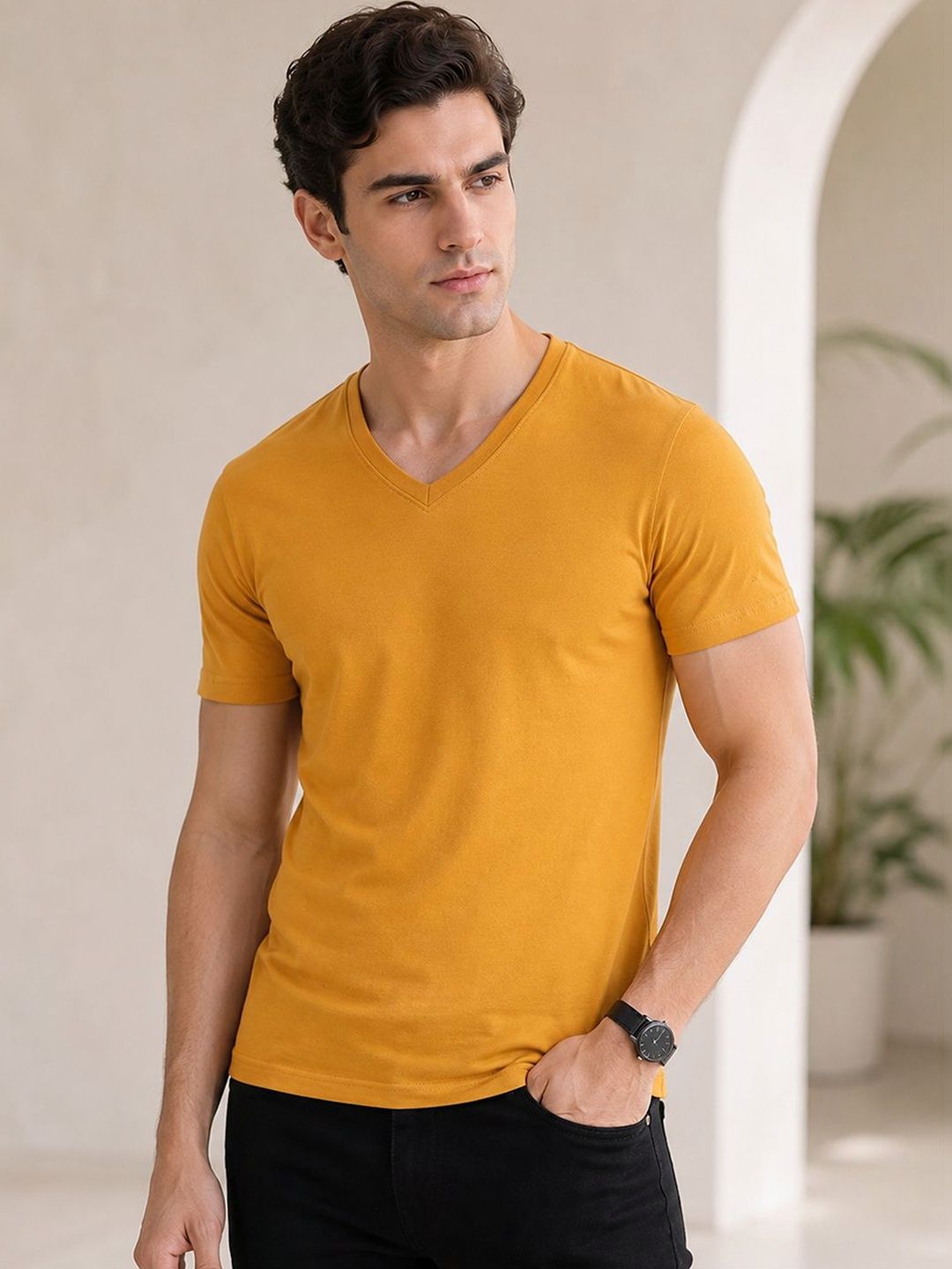 FBAR Men Solid Cotton V Neck T Shirt