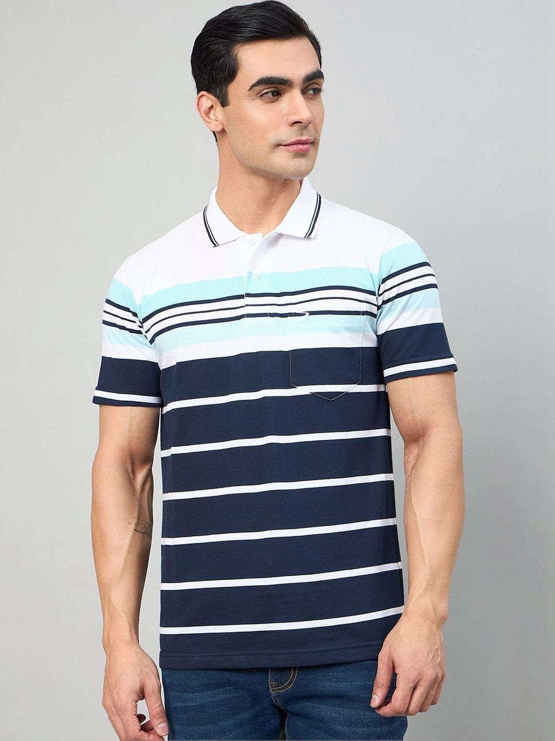 Duke Men Striped Polo Collar Pockets T-shirt