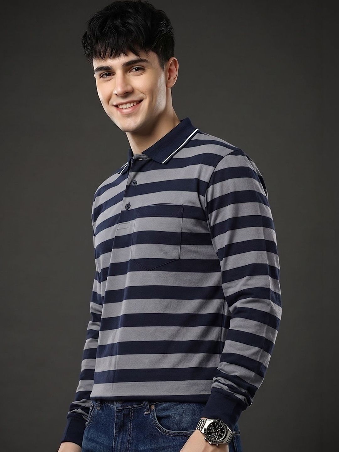 Moda Rapido Men Striped Polo Collar Pockets T-shirt