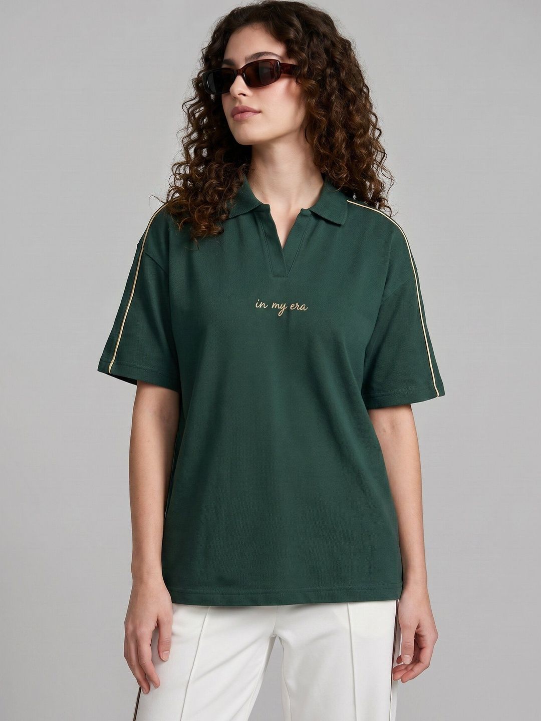 glitchez Green Women Typography Polo Collar Relaxed Fit T-shirt