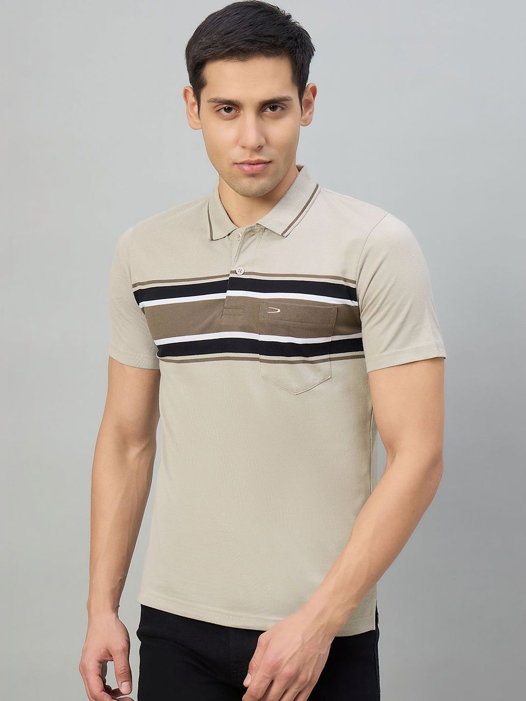 Duke Men Striped Polo Collar Pockets T-shirt