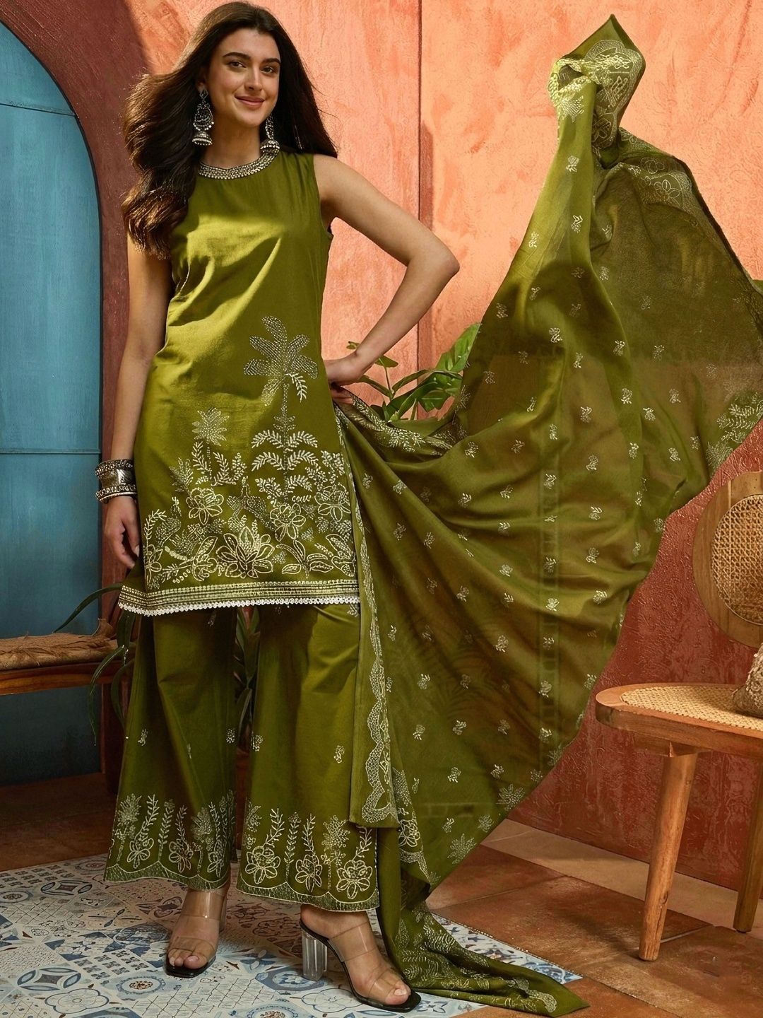 Women Embroidered Kurta with Palazzos With Dupatta Stylum Women Ethnic Motifs Embroidered Regular Thread Work Pure Cotton Kurta with Palazzos & With Dupatta