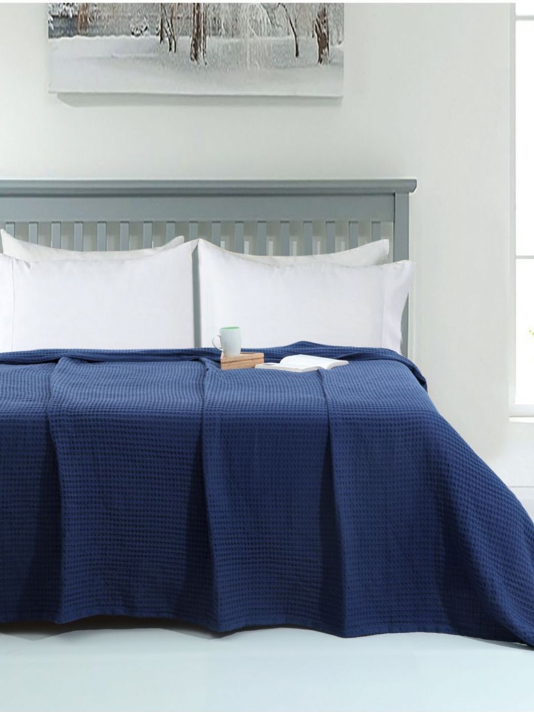Aura Aura Navy Blue Self Design AC Room 300 GSM Double Bed Blanket