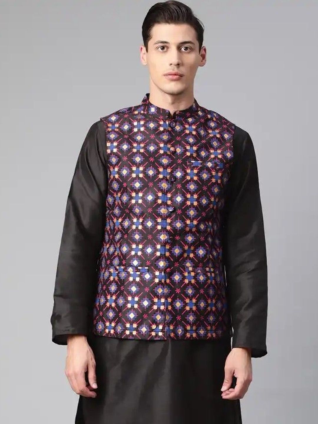Tulsattva Woven Design Mandarin Collar Neck Woven Nehru Jacket