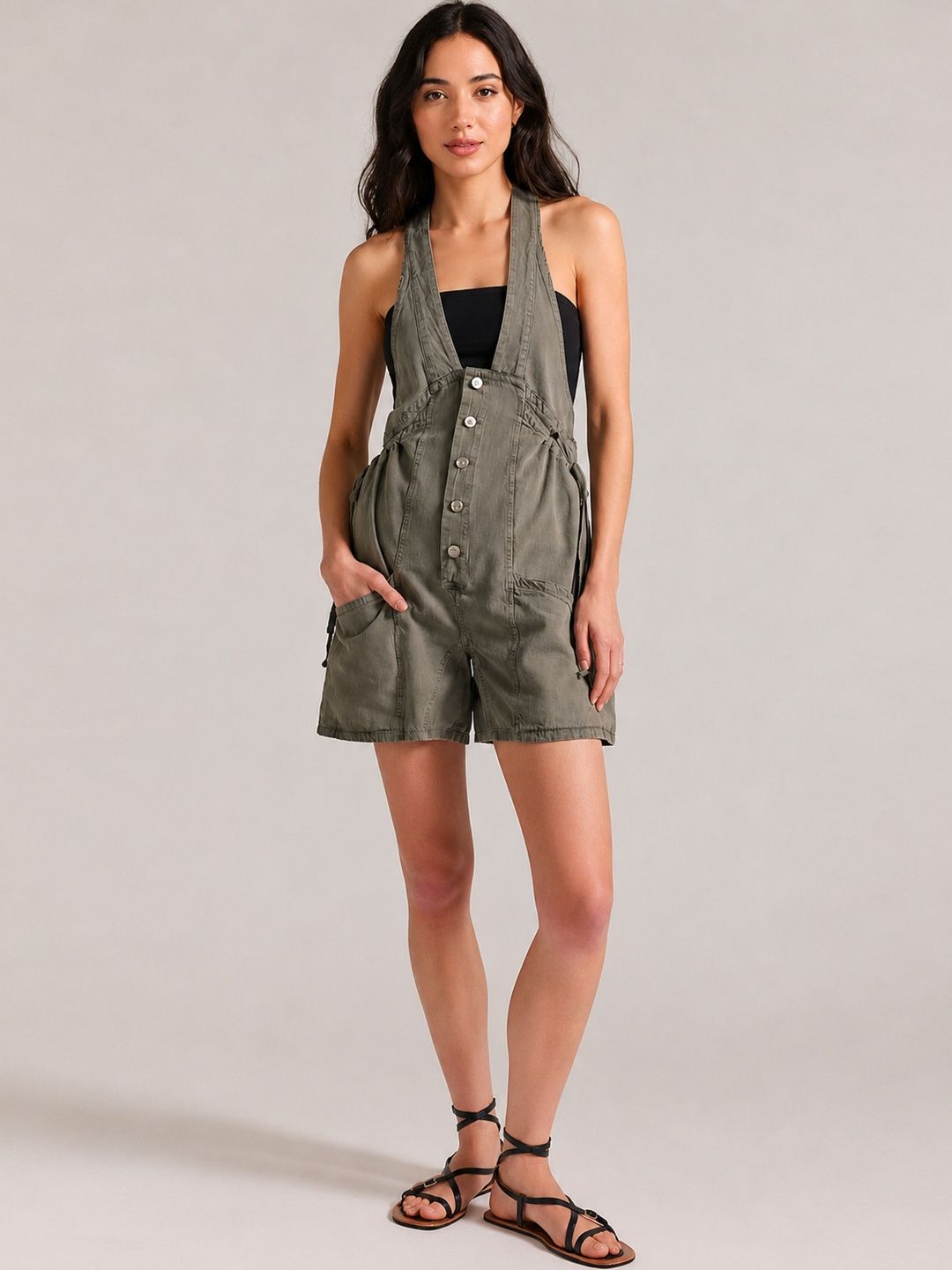 Glam & Chique Cotton-Twill Relaxed Fit Halter Neck Jumpsuit
