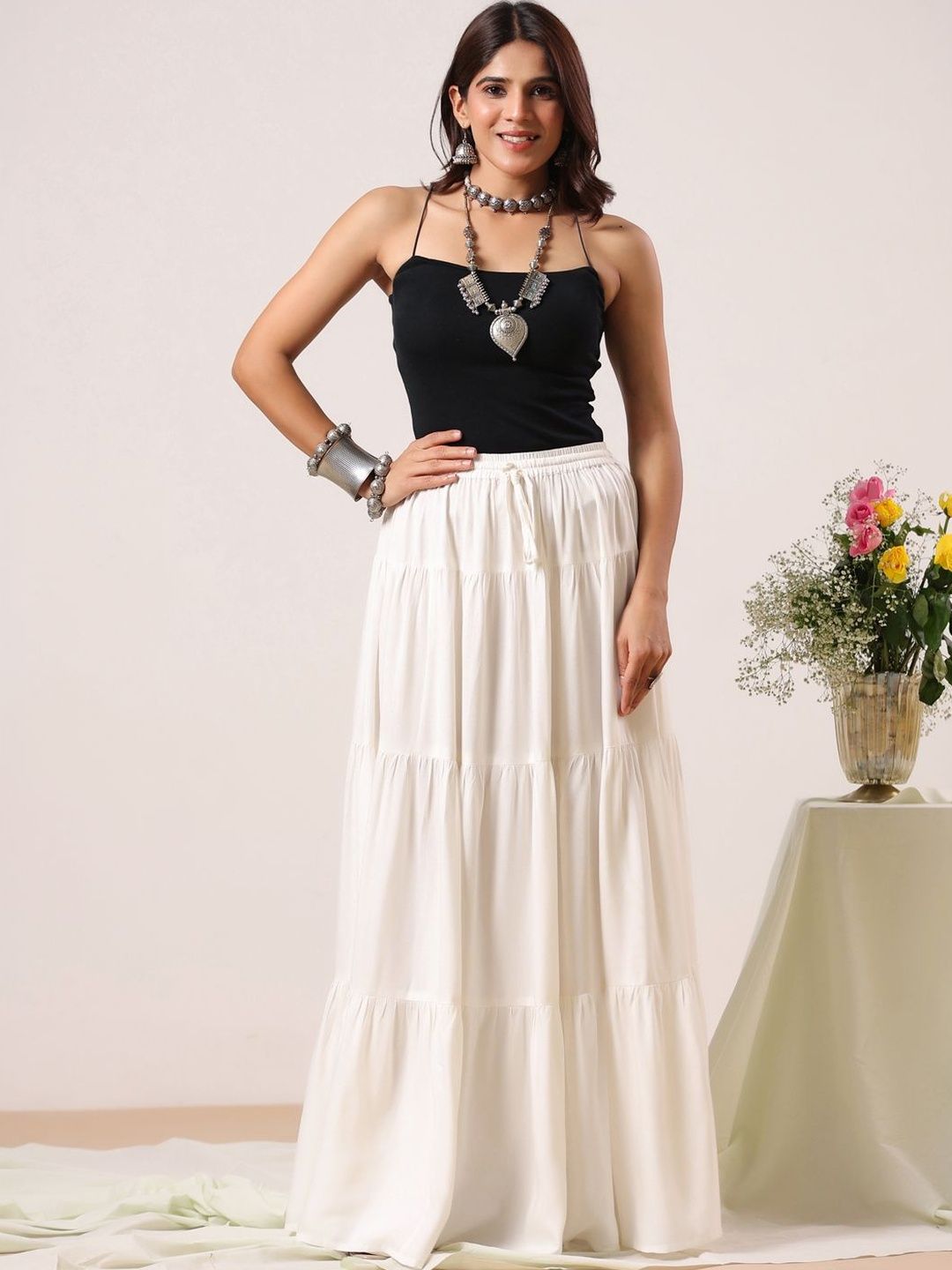 Rimeline Women Tiered Maxi Flared Skirt