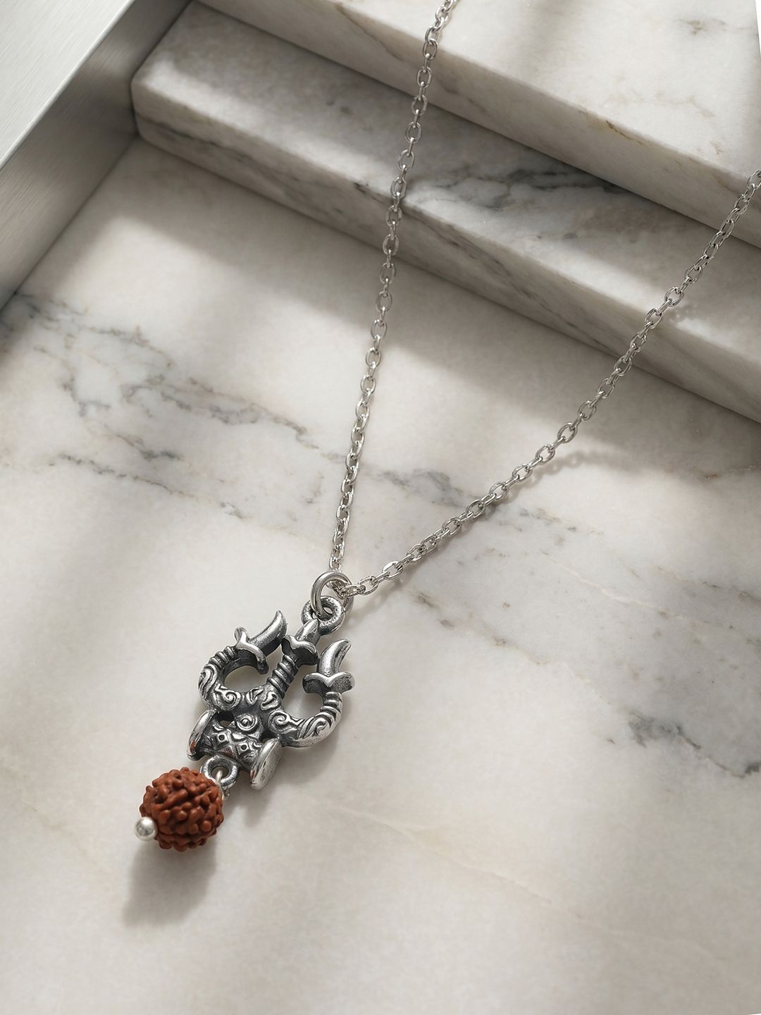 Carlton London Unisex Rudraksh Beaded Rhodium Plated ContemporaryPendants With Chains