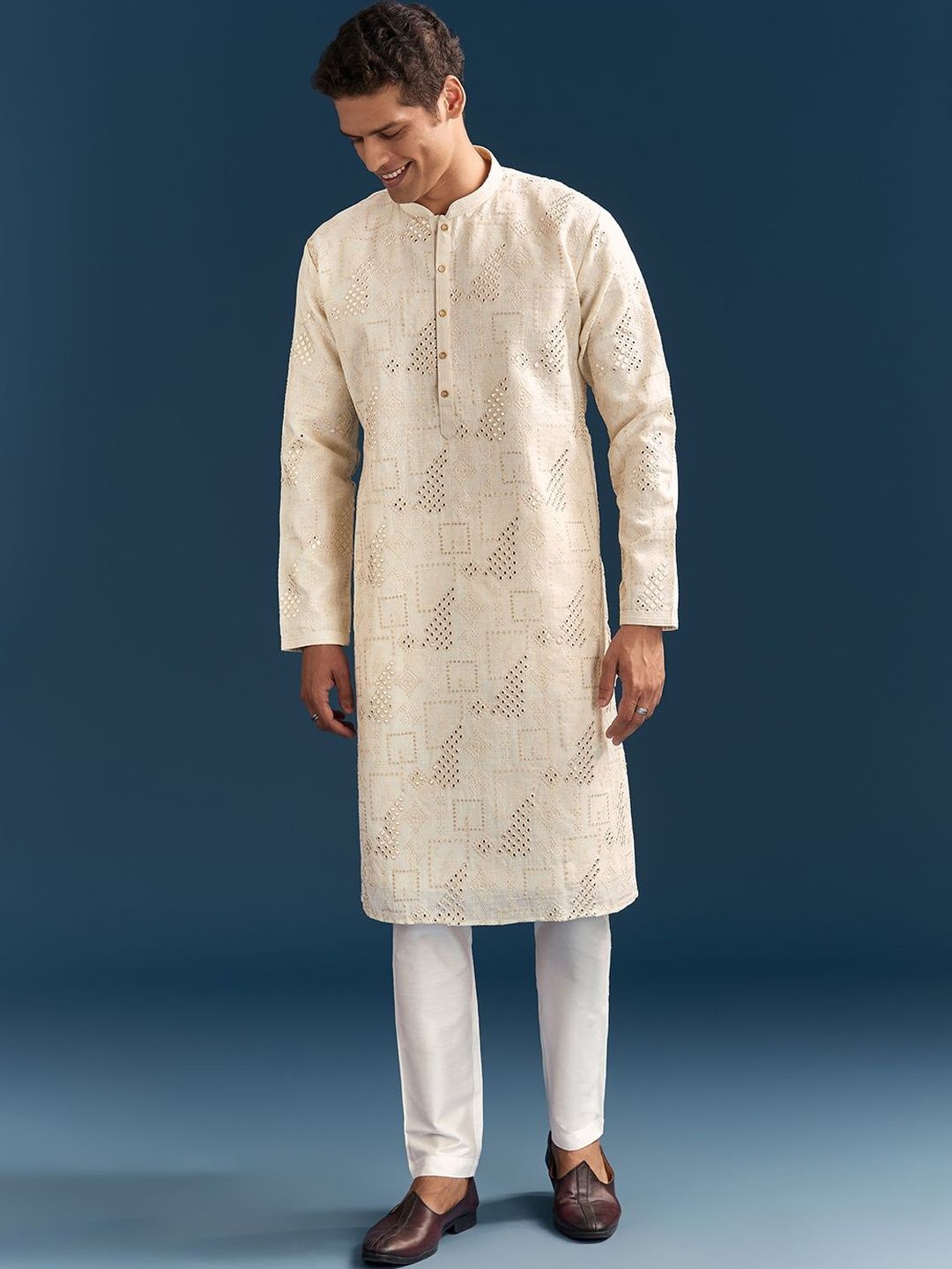 KALKI Fashion KALKI Fashion Men Embroidered Regular Mirror Work Linen Kurta with Pyjamas