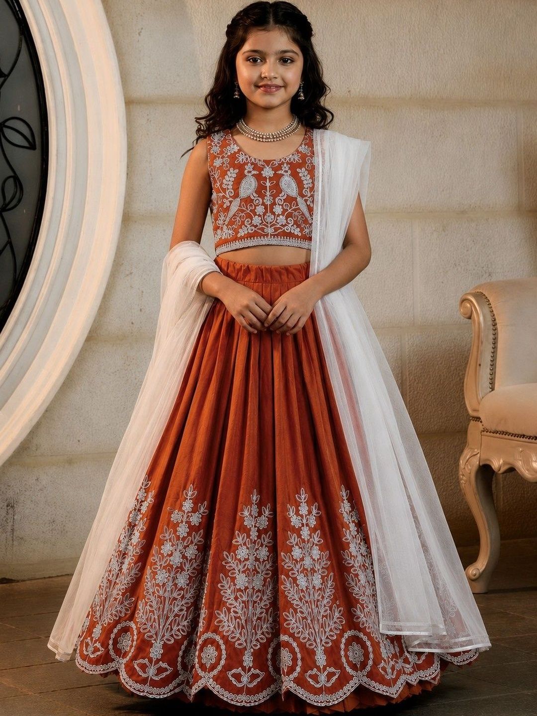 KALINI Girls Embroidered Thread Work Ready to Wear Lehenga & Blouse With Dupatta