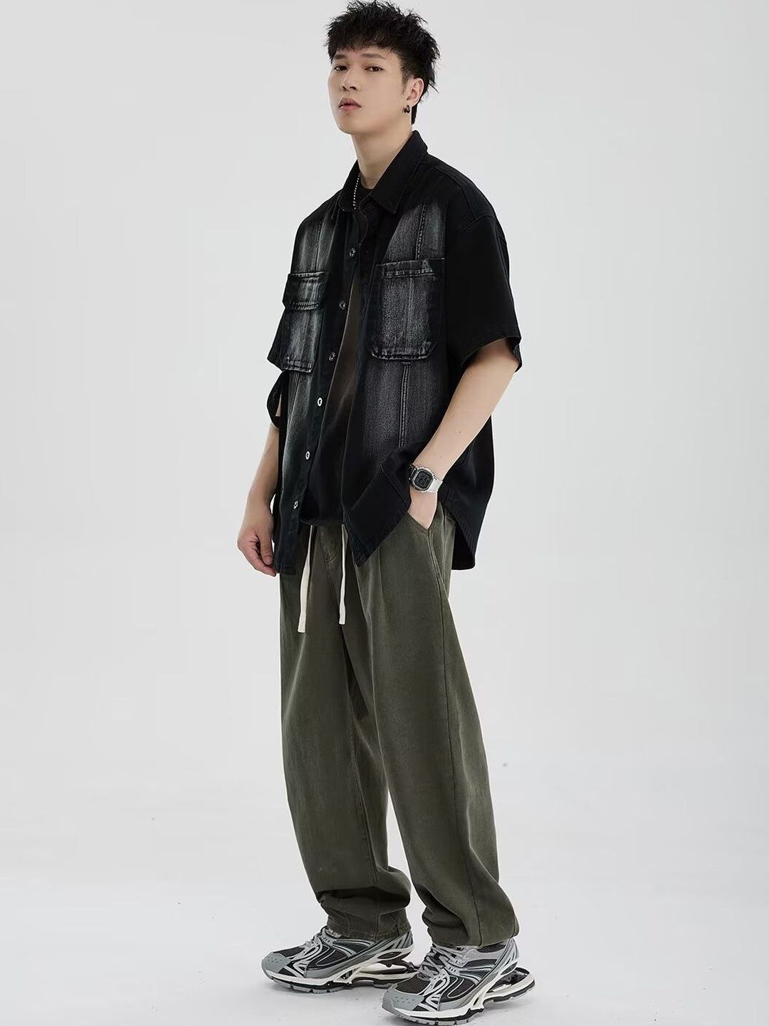 Suo Men Spread Collar Washed Denim Jacket