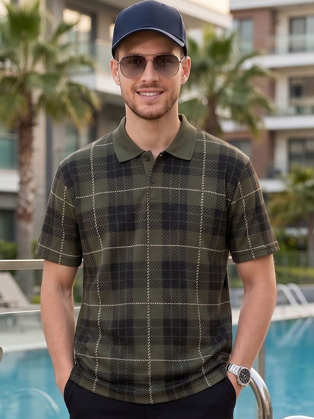 Mast & Harbour Men Checked Polo Collar T-shirt