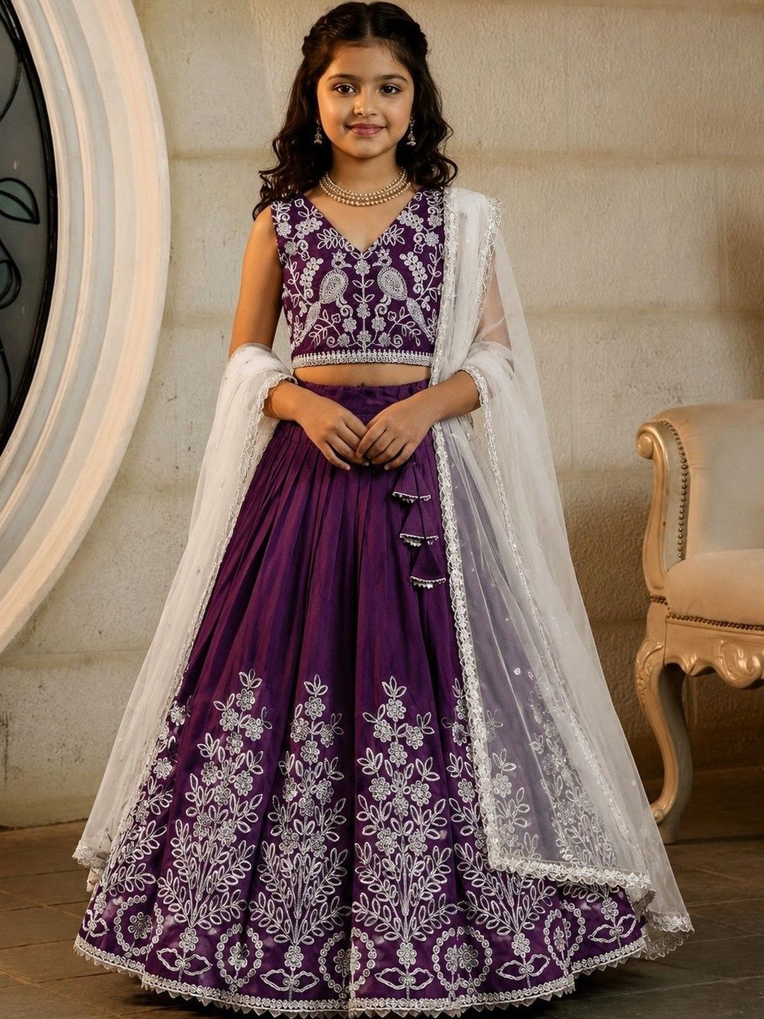 KALINI Girls Embroidered Thread Work Ready to Wear Lehenga & Blouse With Dupatta