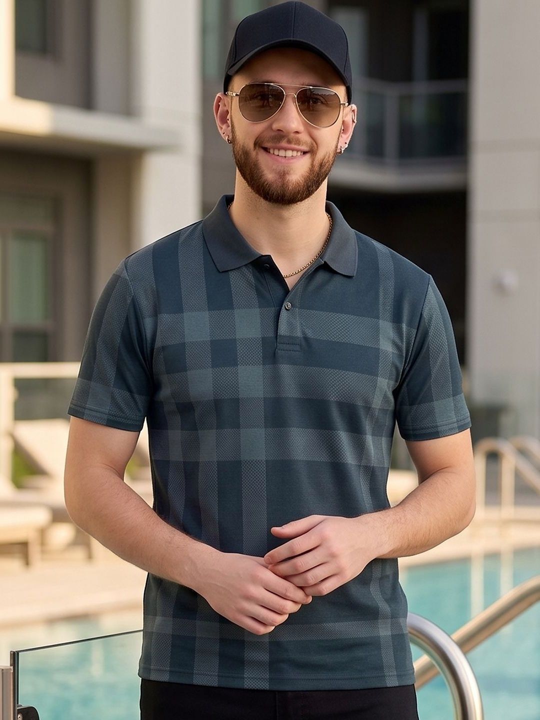 Mast & Harbour Men Checked Polo Collar T-shirt
