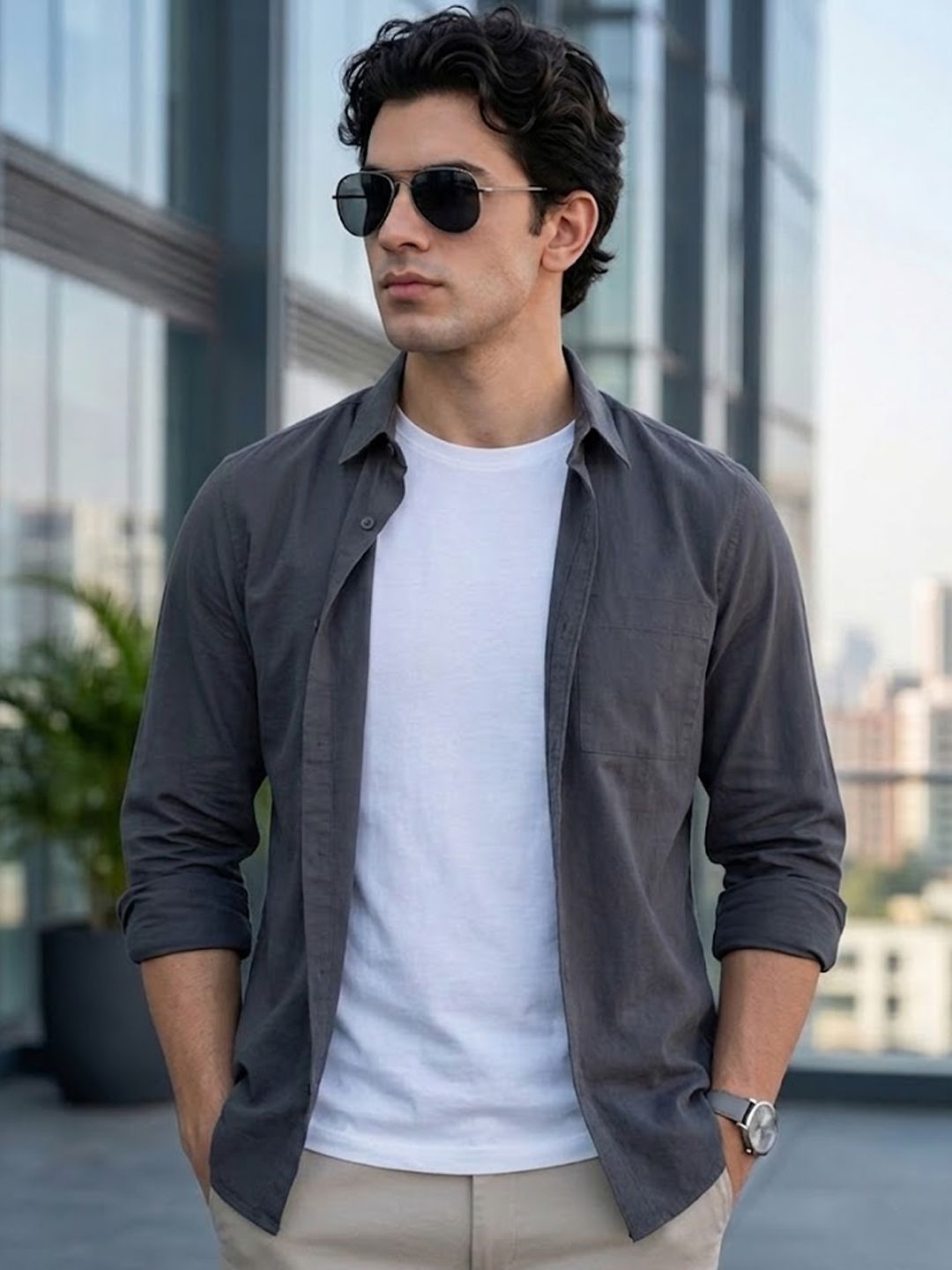 Urbano Fashion Men Spread Collar Solid Cotton Casual Shirt