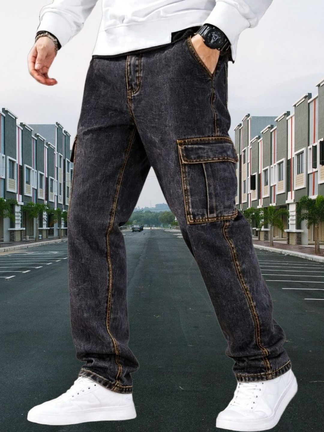 Playfeel Men Loose Fit Cargos Trousers