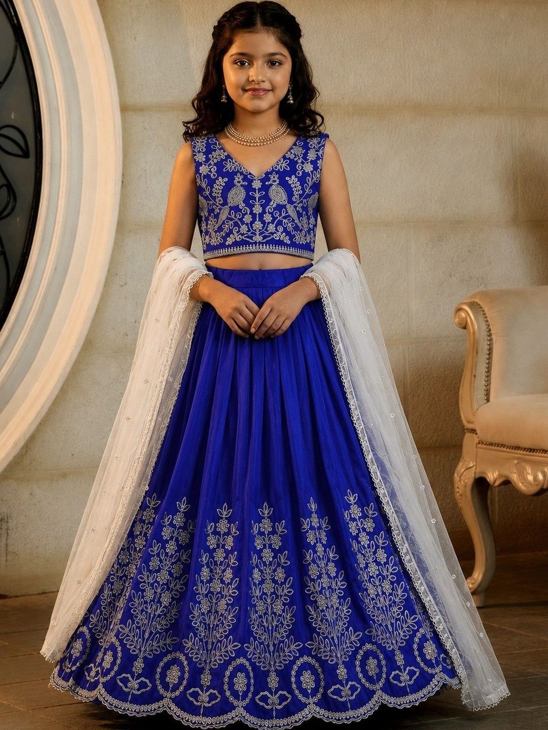 KALINI Girls Embroidered Thread Work Ready to Wear Lehenga & Blouse With Dupatta