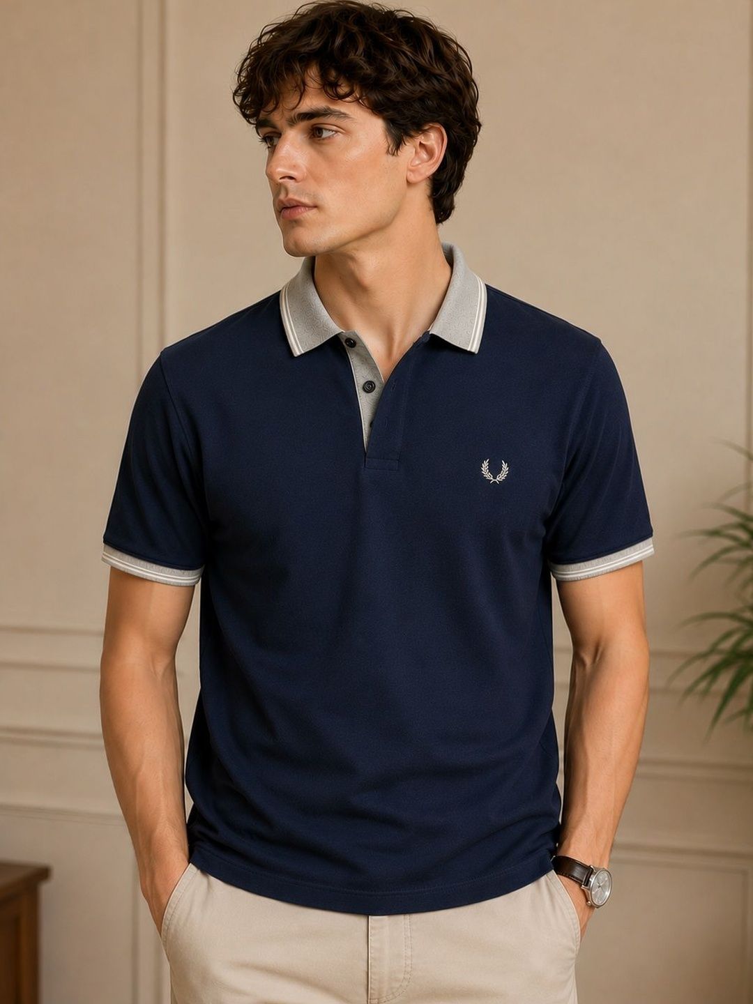 Raves Raves Men Brand Logo Polo Collar Bio Finish Cotton T-shirt
