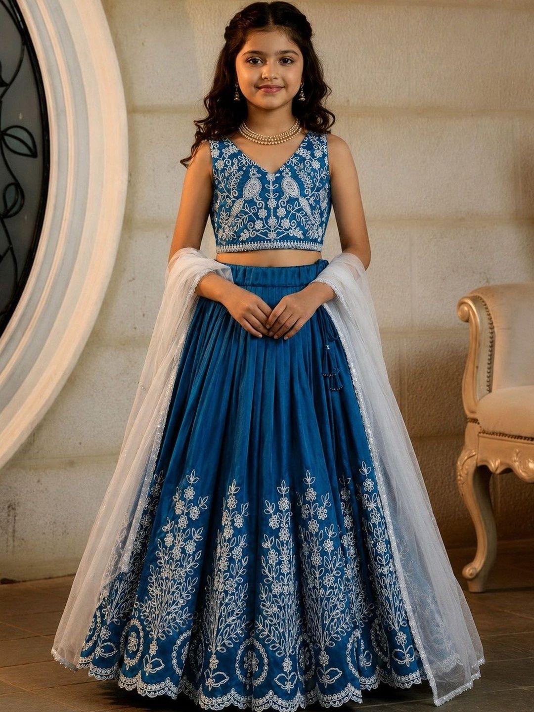 KALINI Girls Embroidered Thread Work Ready to Wear Lehenga & Blouse With Dupatta