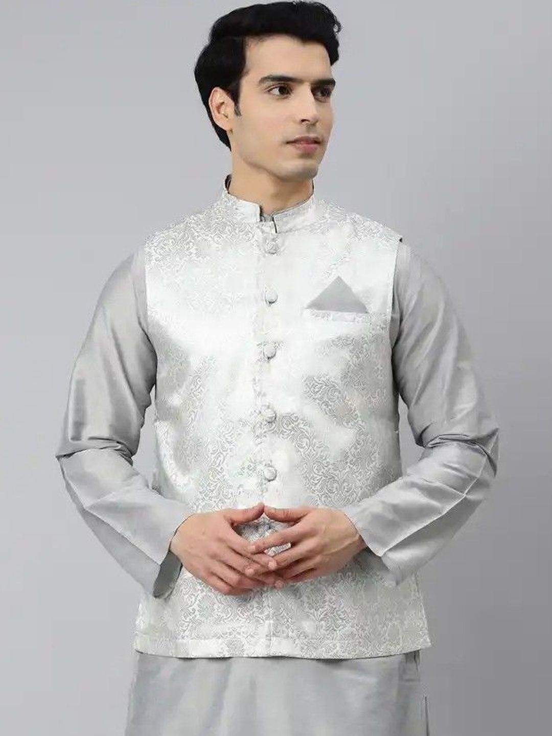 Tulsattva Woven Design Mandarin Collar Neck Woven Nehru Jacket