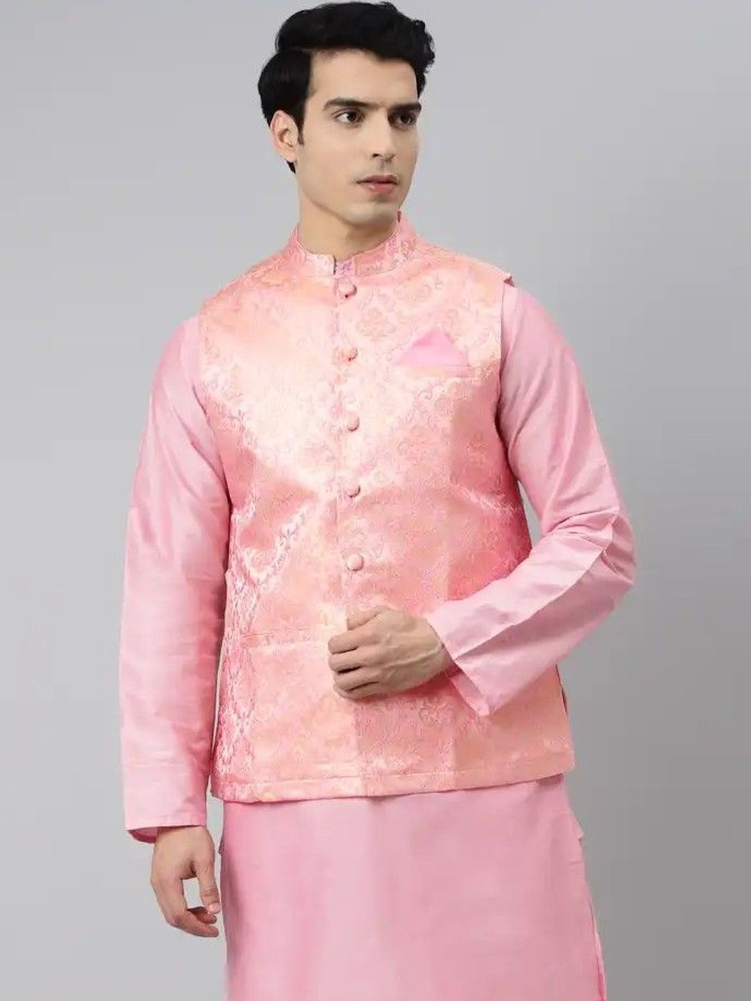 Tulsattva Woven Design Mandarin Collar Neck Woven Nehru Jacket