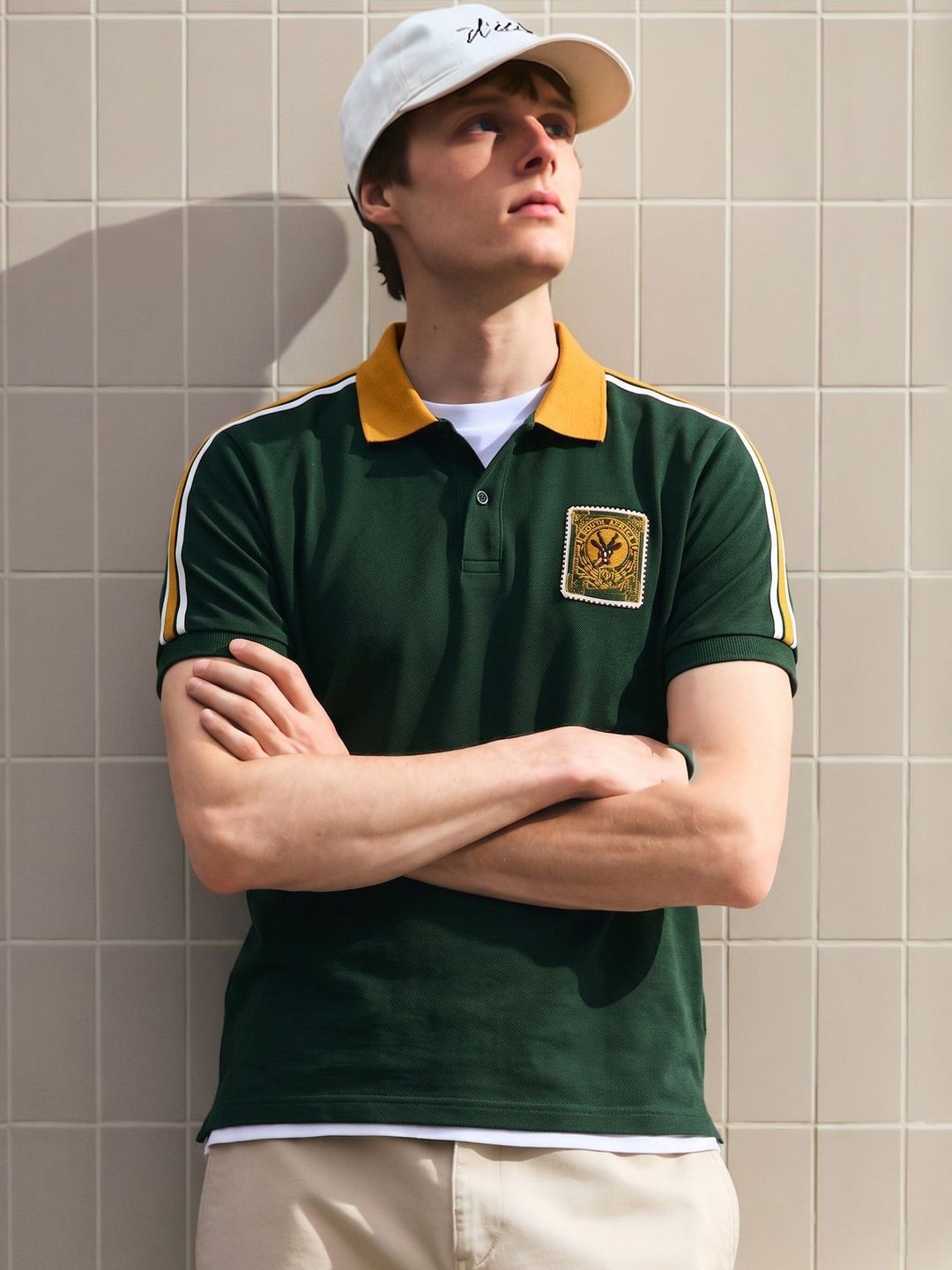 Utopium Men Brand Logo Colourblocked Polo Collar Applique T-shirt