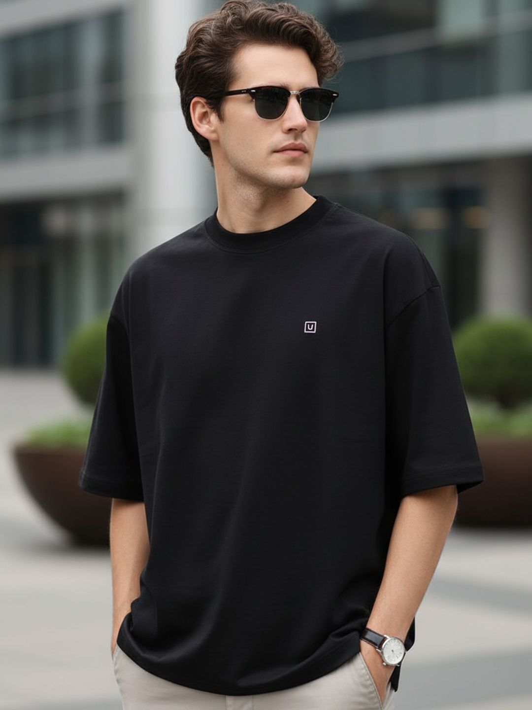 Urbano Fashion Men's Jet Solid Round Neck Oversized Half Sleeve Cotton T-Shirt