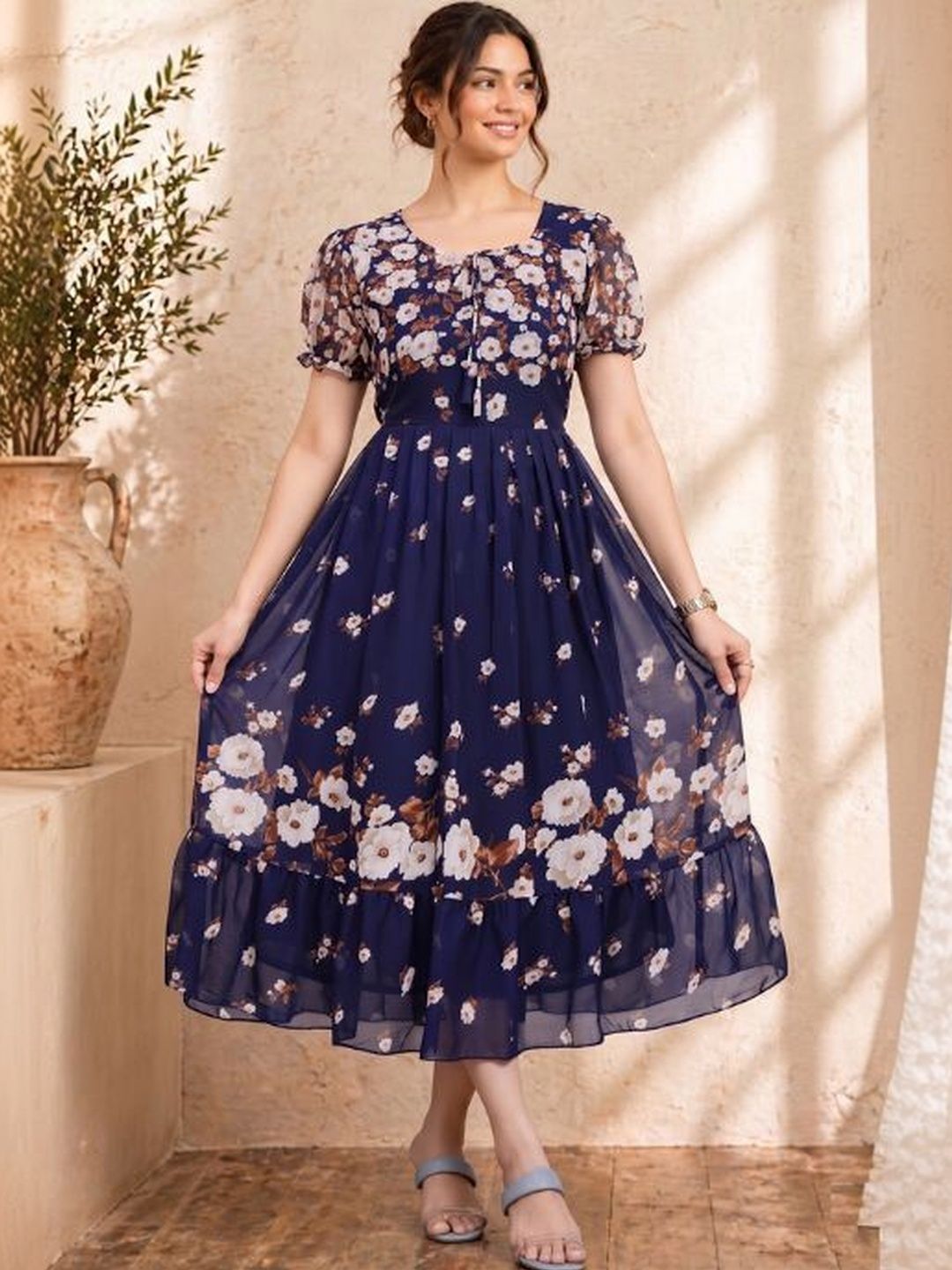 QENA Floral Print Puff Sleeve Ruffled Georgette A-Line Maxi Dress