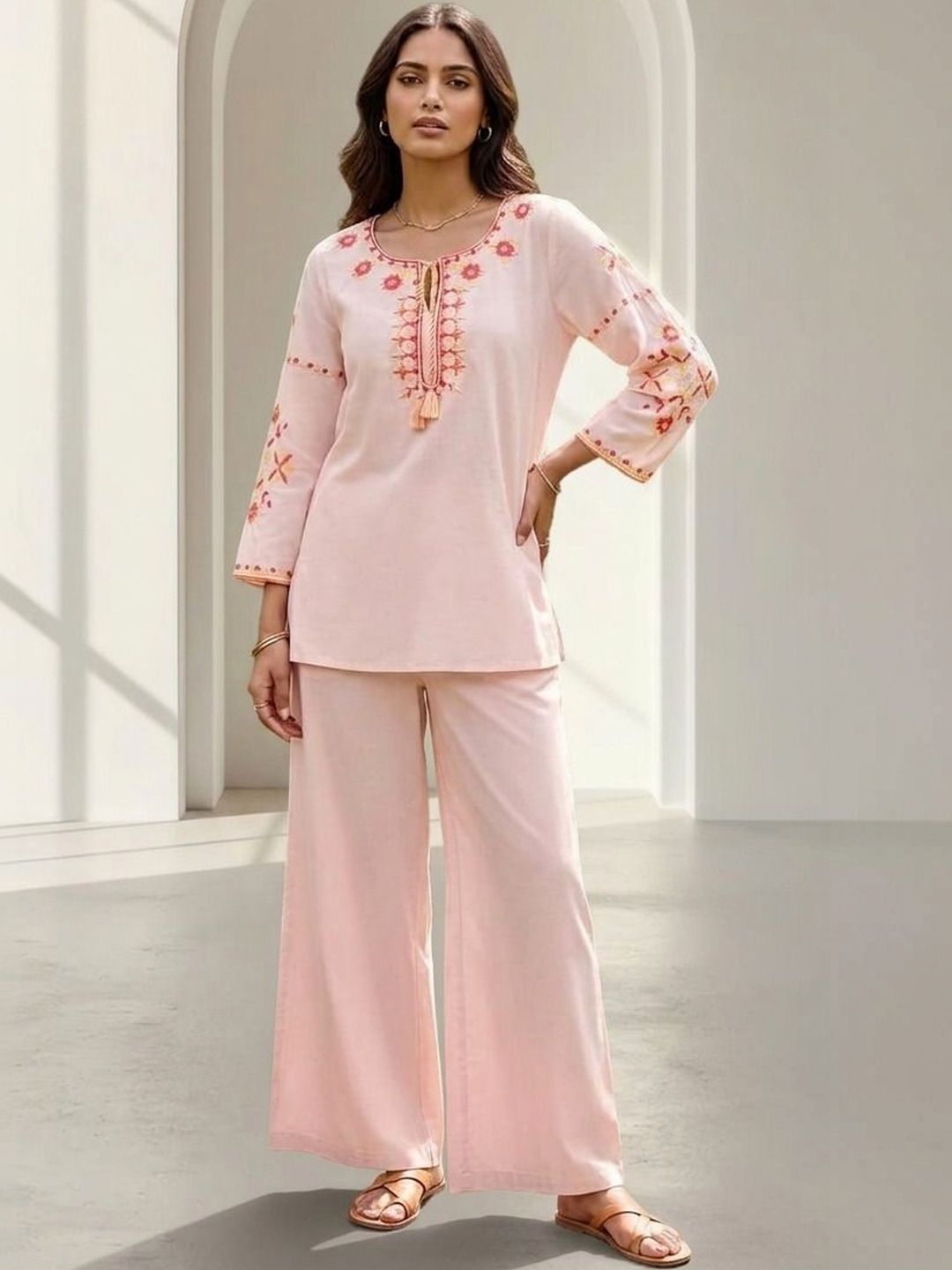 Philauri Bohemian Cotton Embroidered Tunic with Palazzos