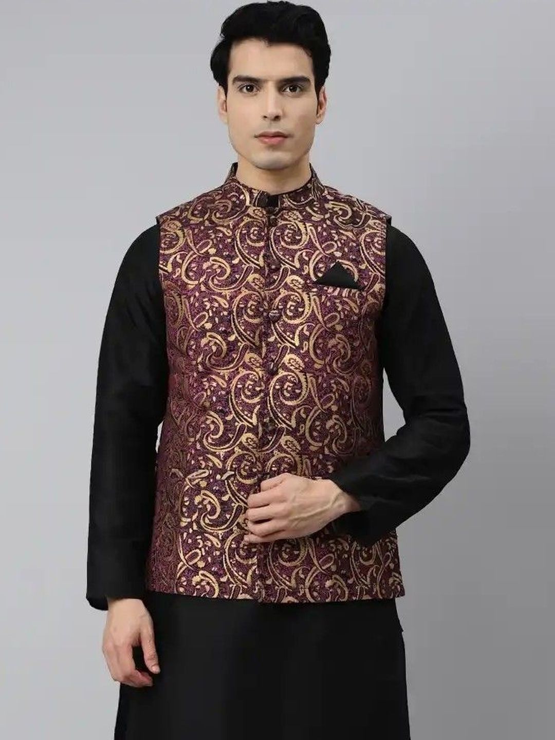 Tulsattva Woven Design Mandarin Collar Neck Woven Nehru Jacket