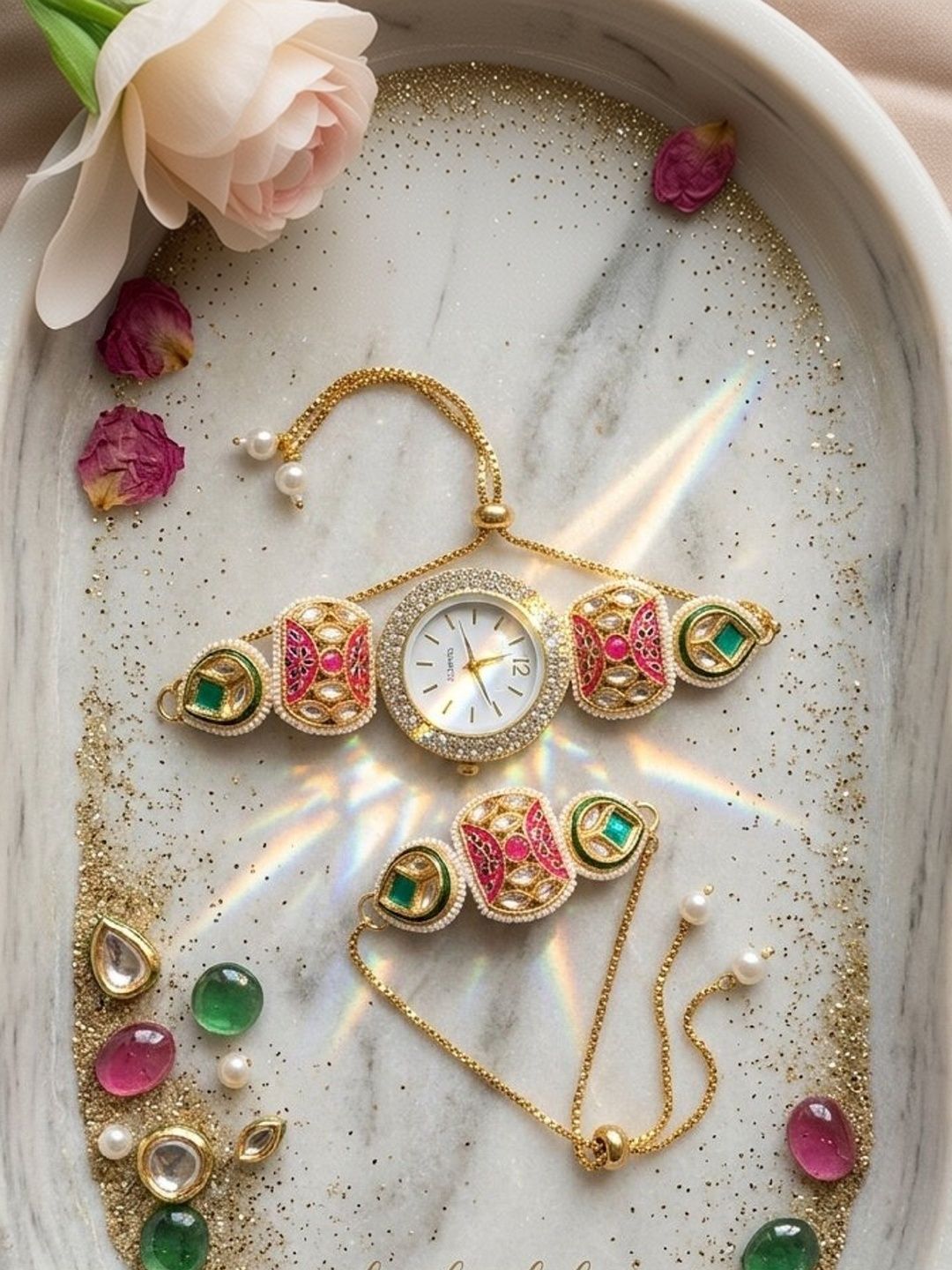 LAKSH Women Dial & Stainless Steel Straps Analogue Watch Kundan watch and Bracelet