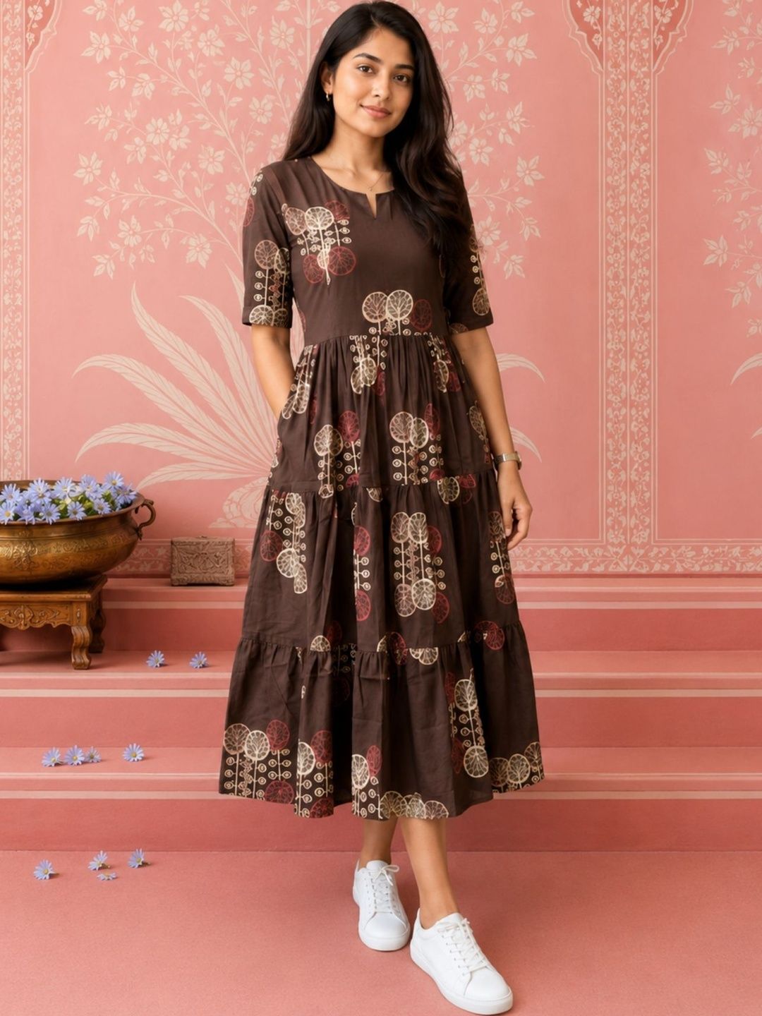 NAVYAAZRI Ethnic Motifs Print A-Line Midi Dress
