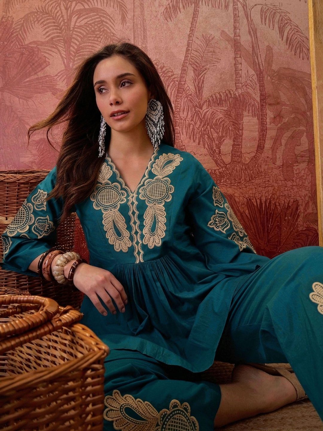 Sangria Bohemian Cotton Embroidered Tunic with Palazzos