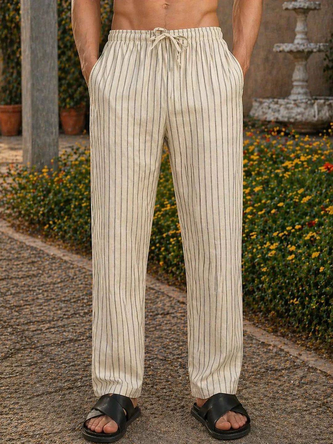 HERE&NOW Men Striped Relaxed Easy Wash Trousers