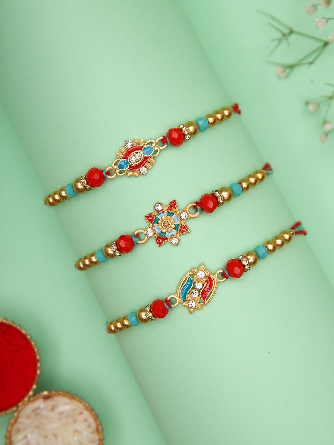 Sangria Set of 3 American Diamond Studded & Beaded Rakhi & Roli Rice with Greeting Card