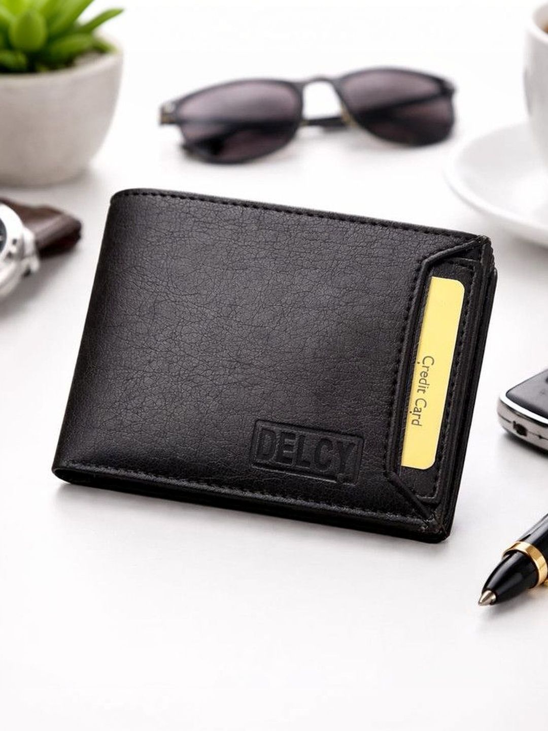 DELCY Men Textured Leather Two Fold Wallet