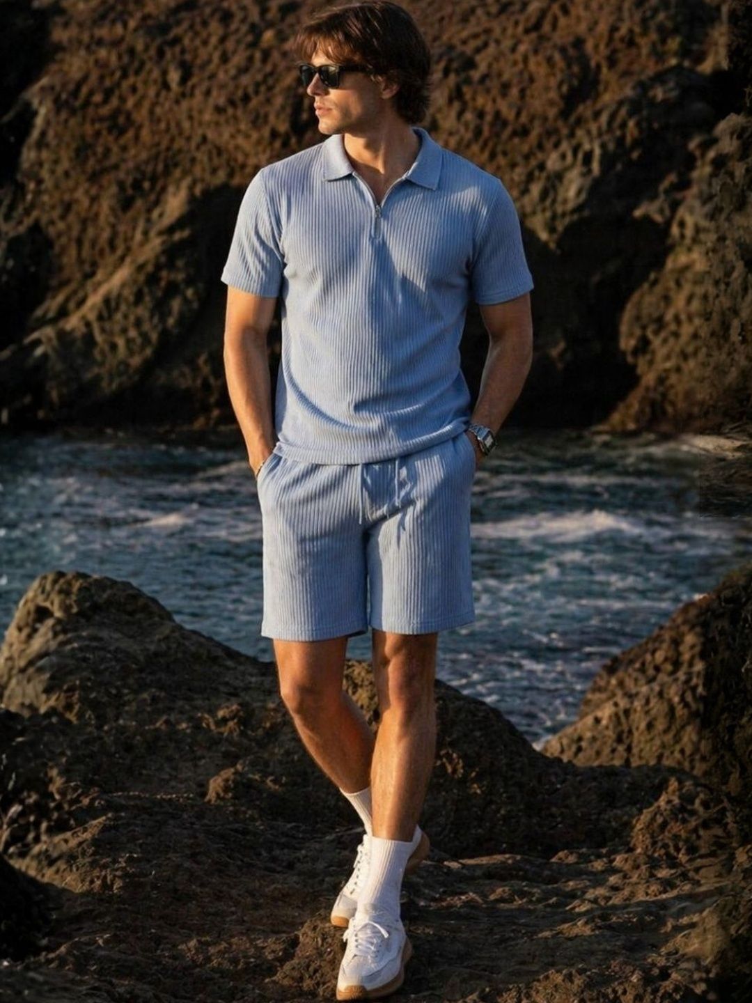 NOBERO NOBERO Textured Zip Up Textured Polo T-shirt with shorts Co-ord Set
