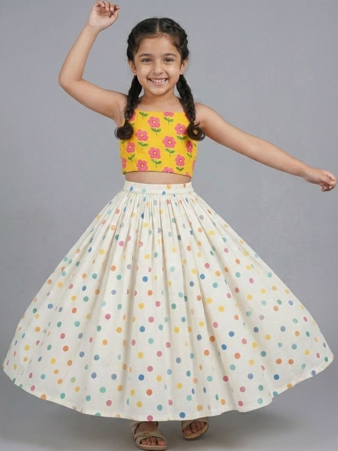 Sangria Girls Floral Printed Round Neck Lehenga Choli Set