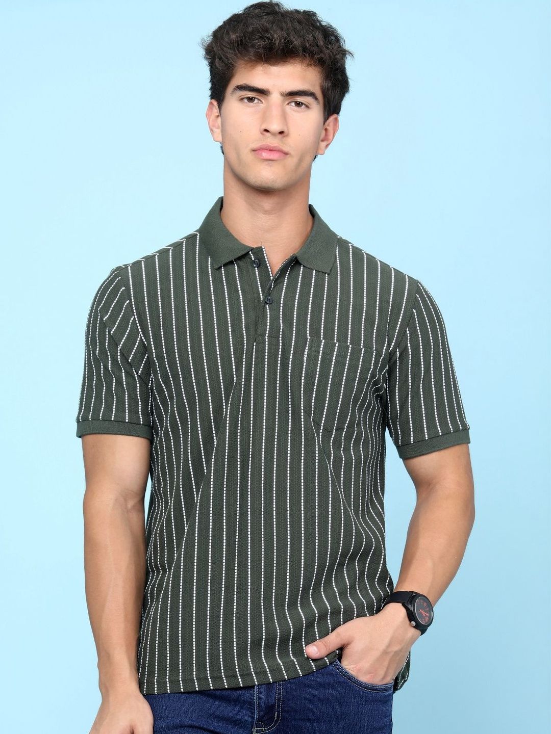 LIMEROAD Men Striped Polo Collar Pockets T-shirt