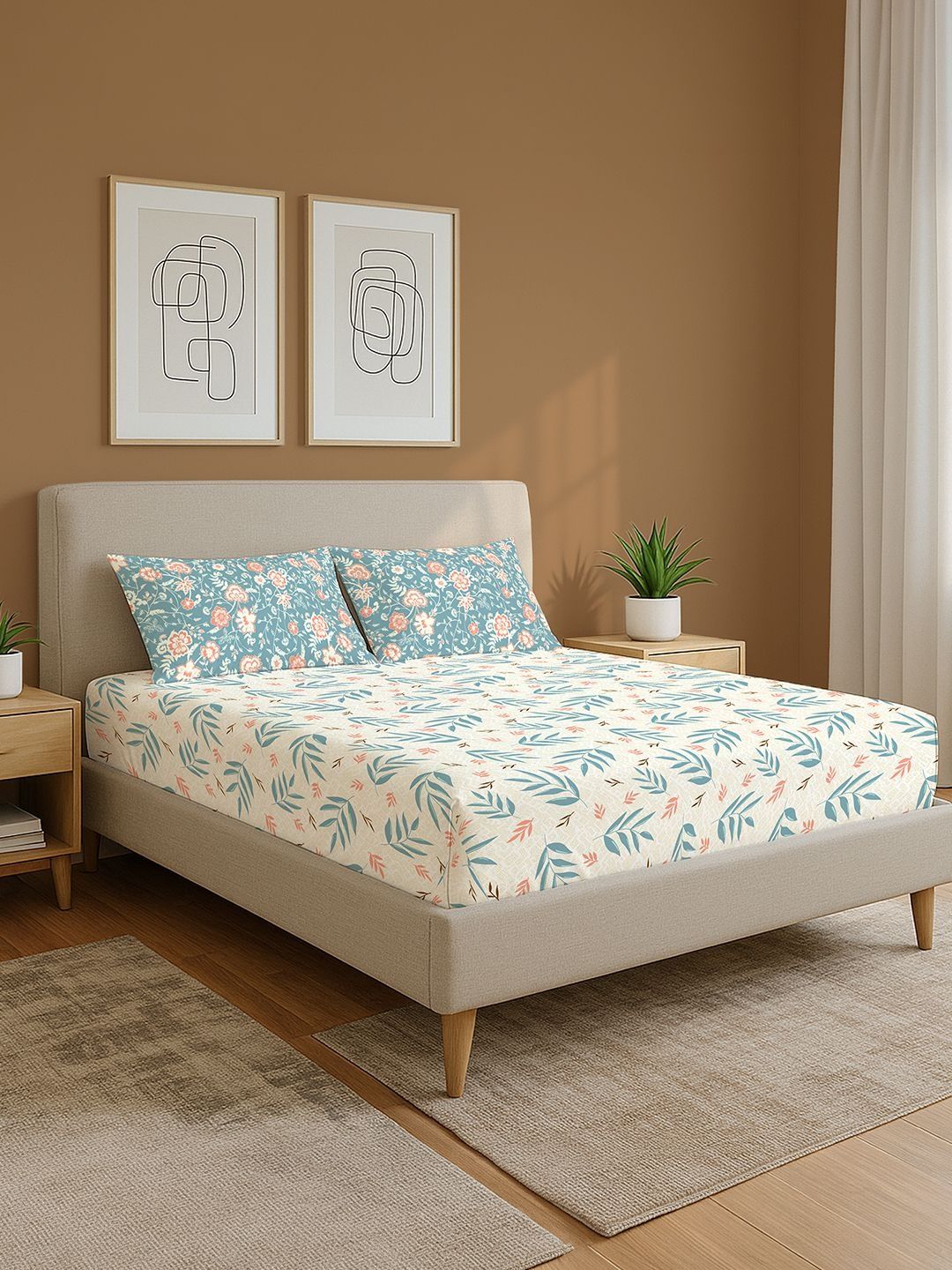 Queen Size Bedsheet Set Blue Floral 144 Tc Queen Bedsheet With 2 Pillow Covers